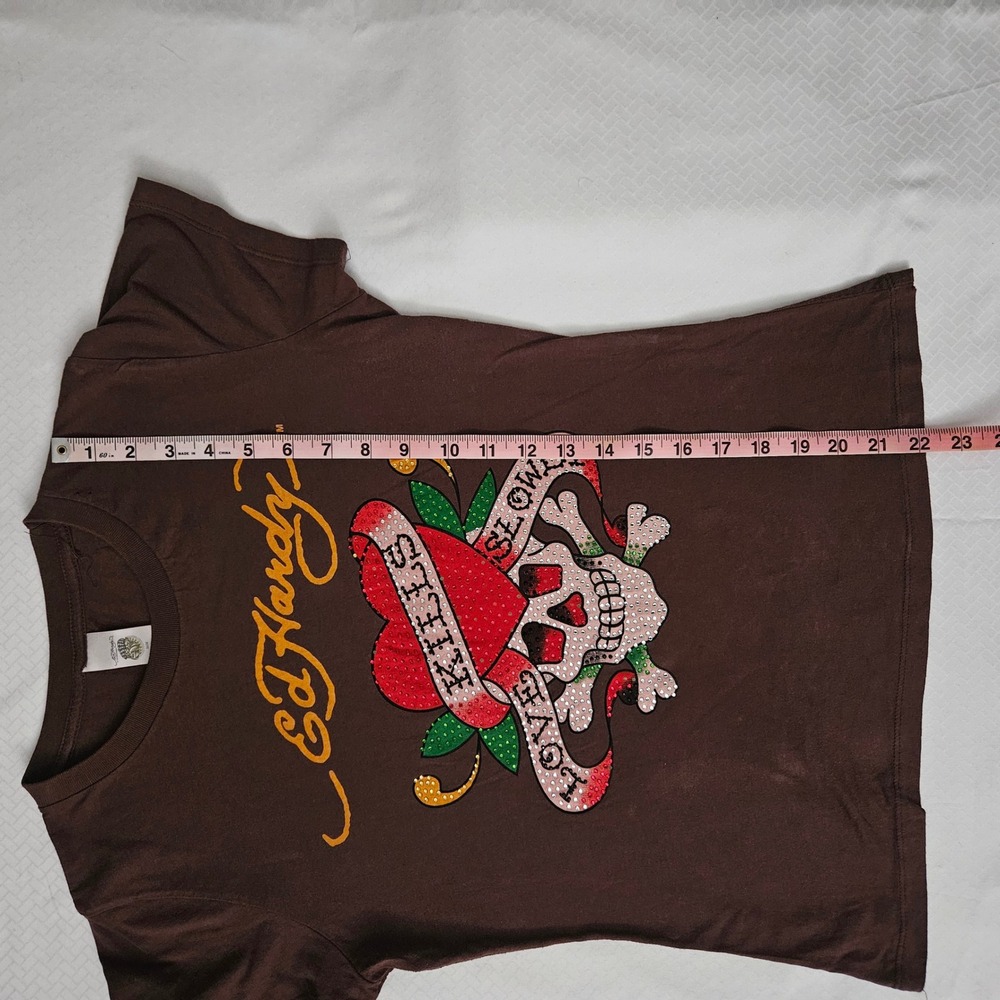 Y2k Ed Hardy Shirt Women M Brown Love Kills‎ Rhinestone Skull Grunge Skater - Picture 6 of 6